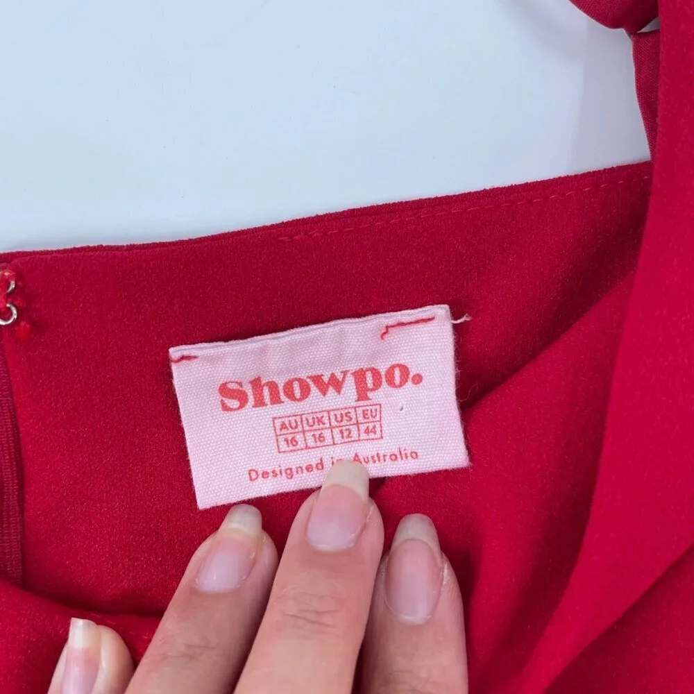 Showpo Red Spaghetti Strap Ruffle V-Neck Dress Womens Size 12 Feminine Flirty - Picture 6 of 11